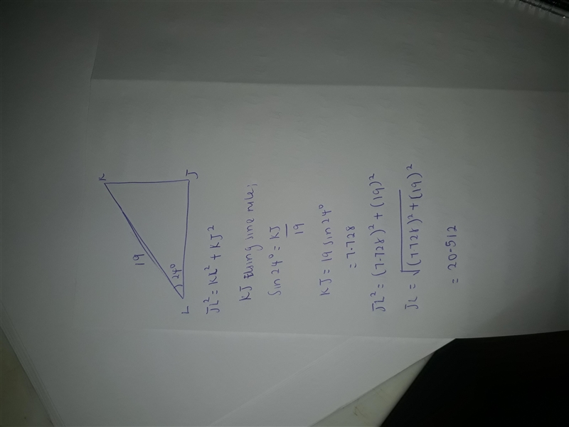 The angle of elevation from L to K measures 24 degrees. if KL=19, find JL-example-1