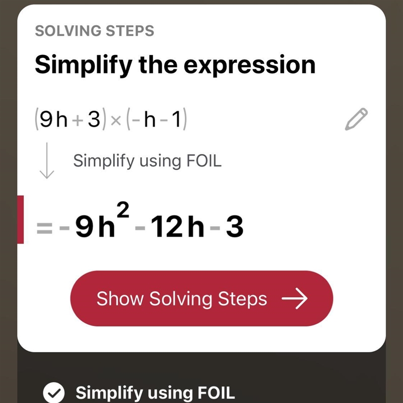 Expand. Your answer should be a polynomial in standard form. (9h+3)(-h-1)​-example-1