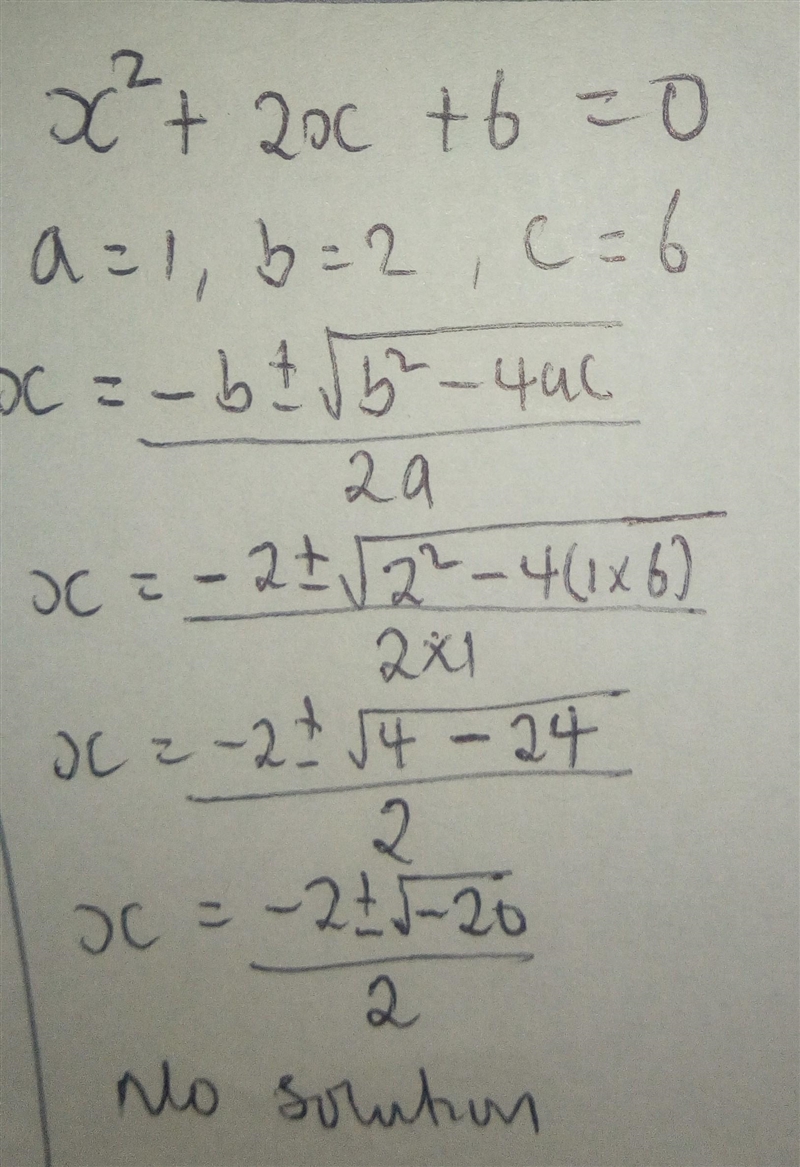 Solve x2 + 2x + 6 = 0 using the quadratic formula.-example-1