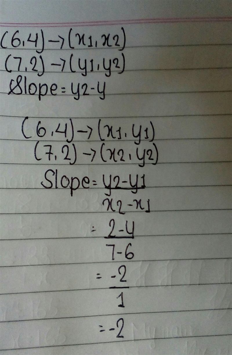 Complete the point-slope equation of the line through (6, 4) and (7, 2)-example-1