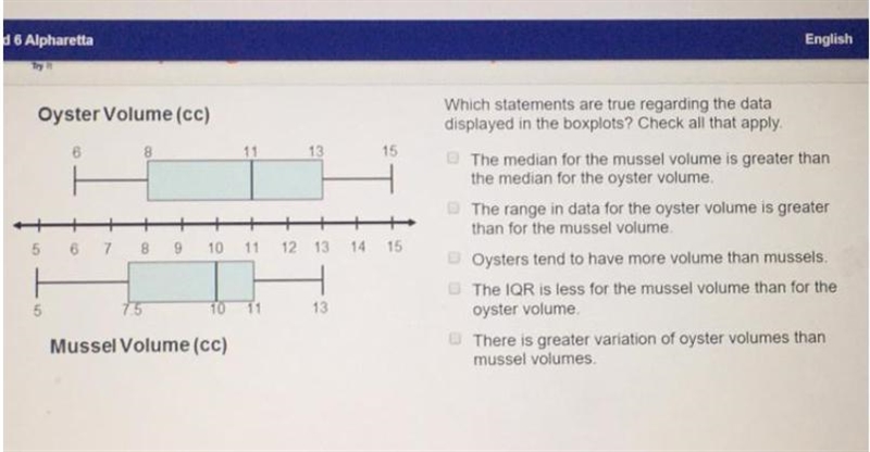 Which statements are true regarding the data displayed in the boxplots? Check all-example-1