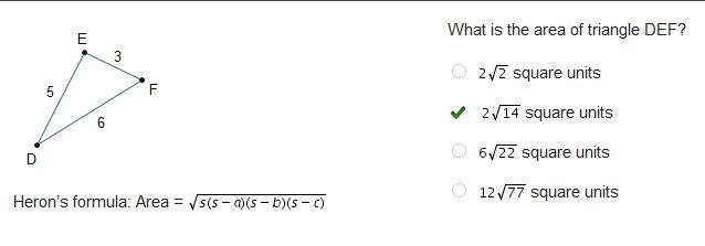 What is the area of triangle DEF? 2 StartRoot 2 EndRoot square units 2 StartRoot 14 EndRoot-example-1