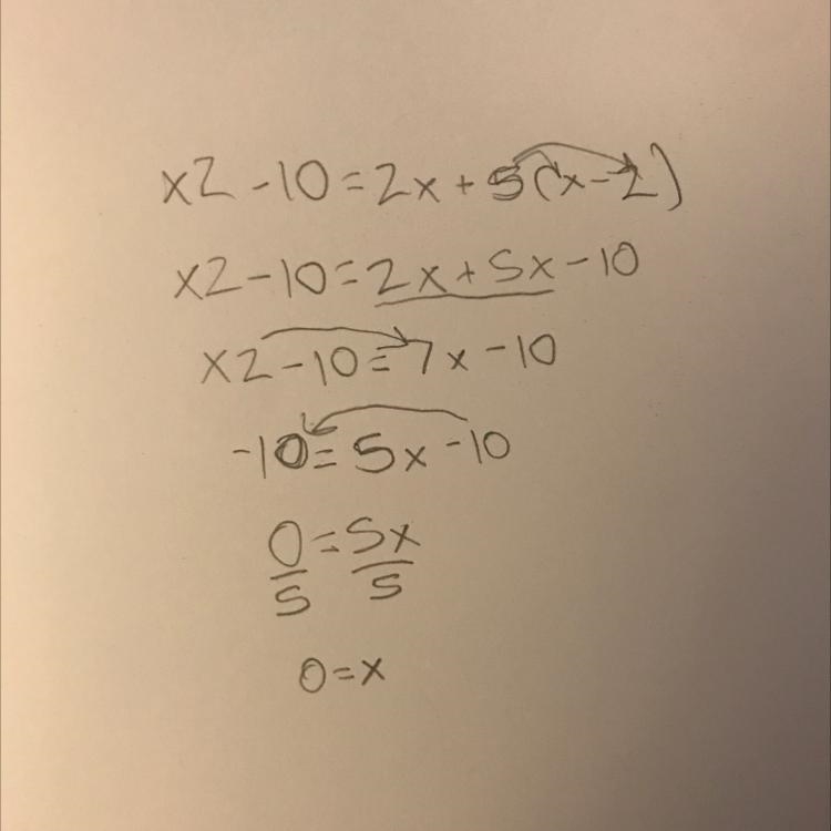 List the steps to solve the equation x2 - 10 = x2 + 5(x - 2),-example-1