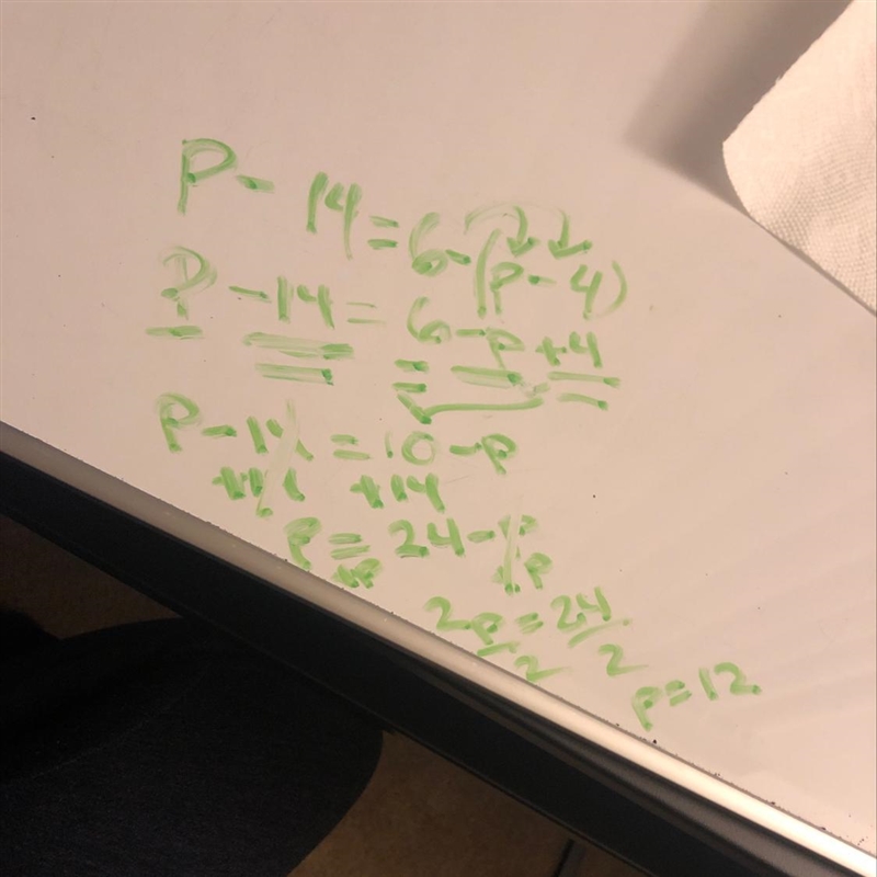 P-14=6-(p-4) a. p= -2 b. p= -1 c. p= 4 d. p= 8-example-1