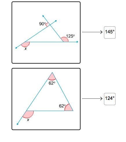 Match the angle measures with the value of x in each triangle. i!mages below! 145° 33° 46° 124° 60°-example-2