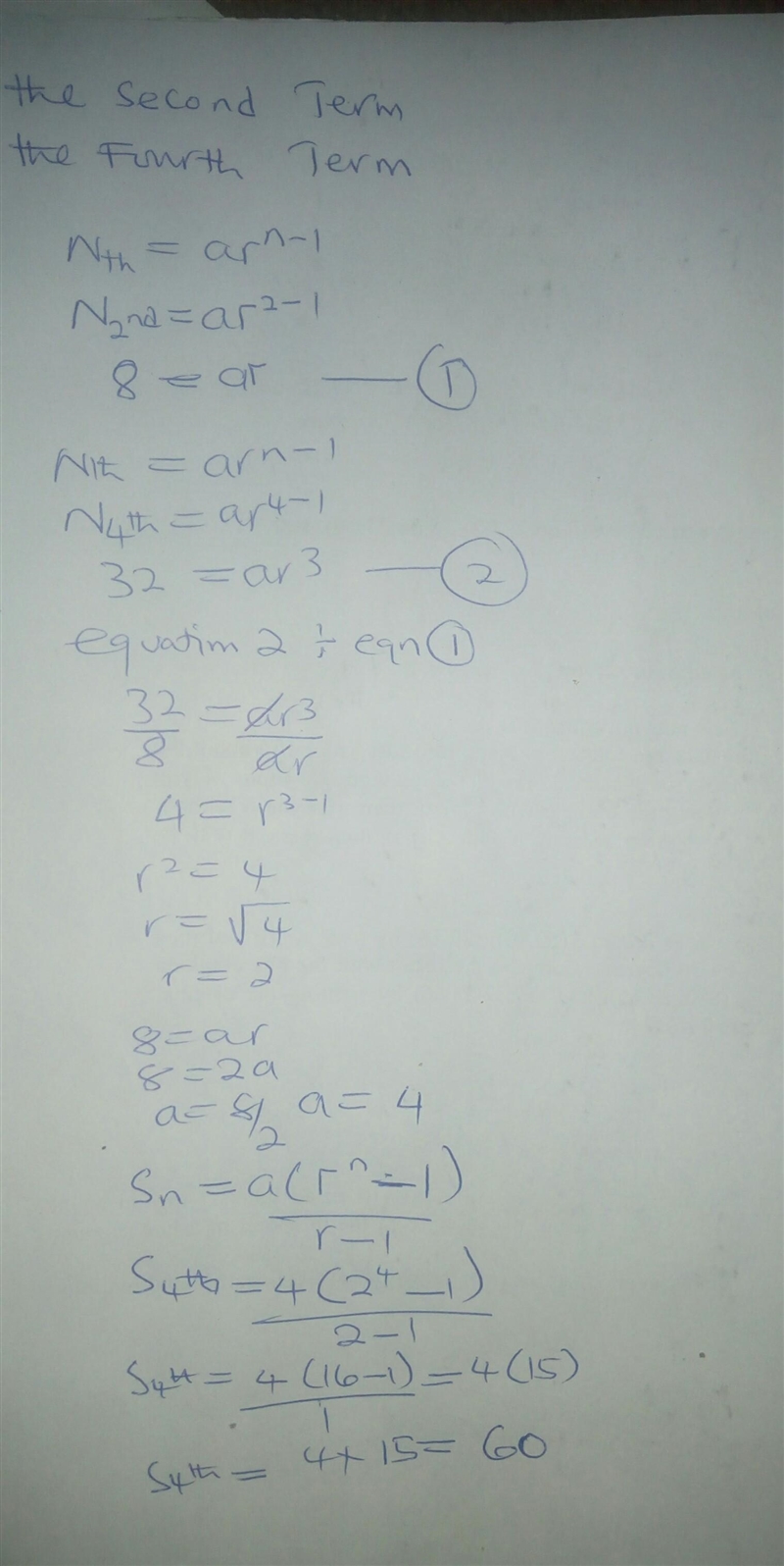 If the second and fourth terms of a GP are 8 and 32 respectively, what is the sum-example-1