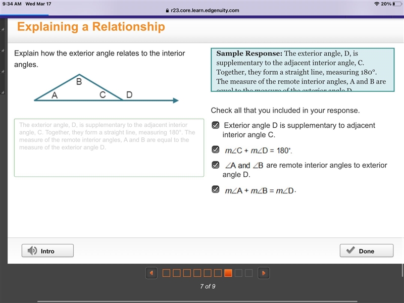 Explain how the exterior angle relates to the interior angles?-example-1