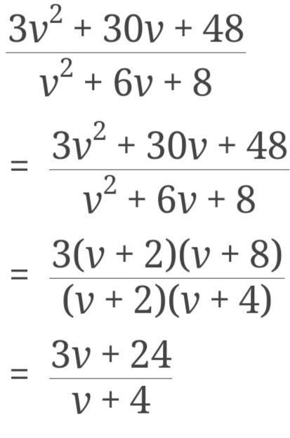 Simplify: 3v^2 + 30v + 48 divided by v^2 + 6v + 8-example-1