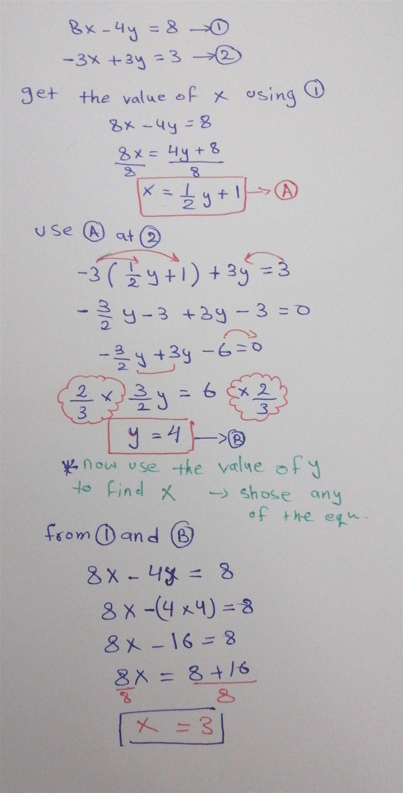 4. Solve using any method. 8x – 4y = 8 -3x + 3y = 3-example-1