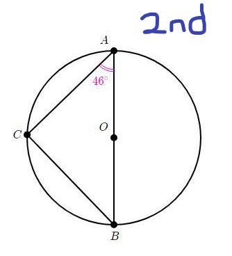 Angle C is inscribed in circle O. AB is a diameter of circle O. what is angle b-example-2