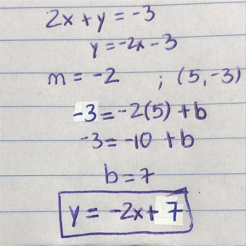 Passing through (5,-3) and parallel to the line with equation 2x + y = -3-example-1