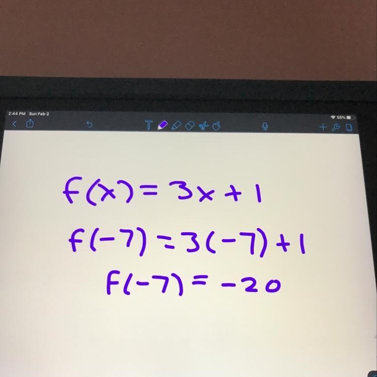 F(x) = 3x + 1 and f ^-1=x-1/(over)3 then f -(7) =-example-1