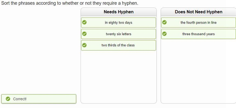 Sort the phrases according to whether or not they require a hyphen. in eighty two-example-1