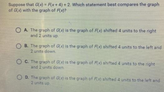 Suppose that G(x) = F(x + 4) +2. Which statement best compares the graph of G(x) with-example-1