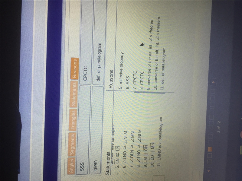 Given: LM = ON and LO =MN Prove: LMNO is a parallelogram-example-2