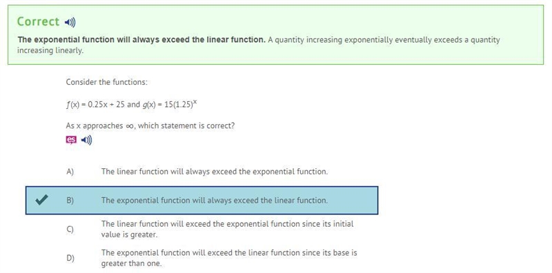 HELPP GUYSSS ::: Consider the functions: ƒ(x) = 0.25x + 25 and g(x) = 15(1.25)x As-example-1