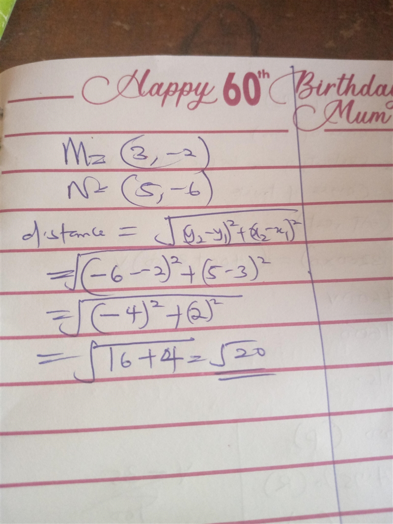 Find the distance between points M and N M= (3,-2) N= (5,-6) ​-example-1