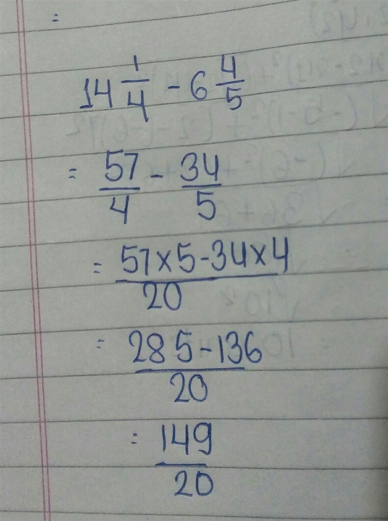 What is 14 1/4 minus 6 4/5​-example-1