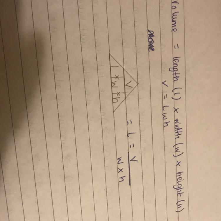 Rewrite the volume of a rectangular prism, for the variable. v=lwh for the variable-example-1