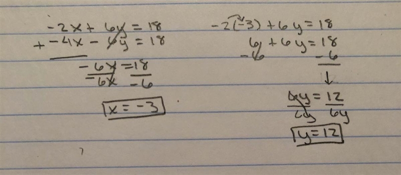 Solve the system using elimination. -2x+6y=18 -4x-6y=18-example-1