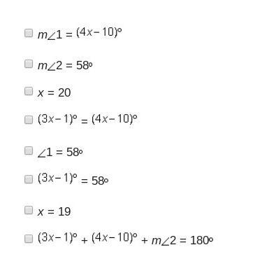 What must be true for lines a and b to be parallel lines? Select four options. m1 = m-example-1