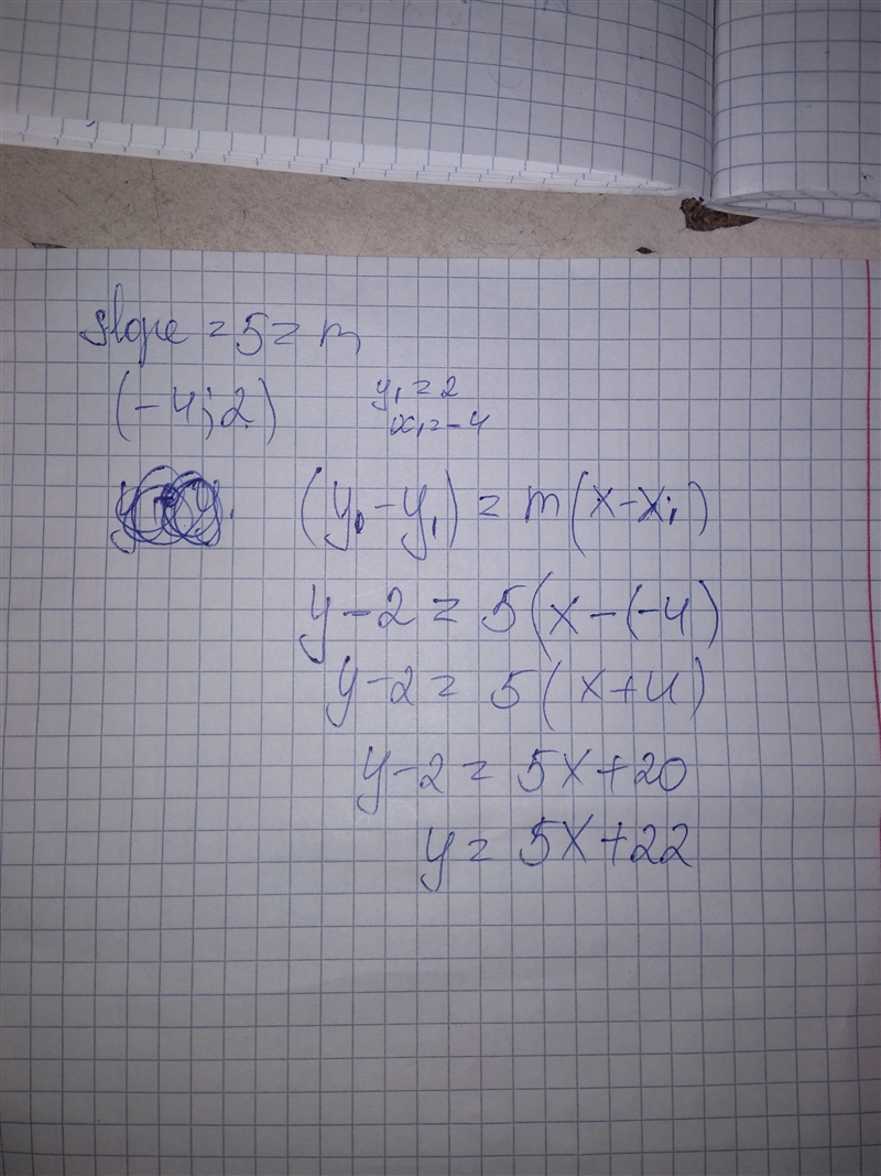 Slope 5 passing through (-4,2) what’s the slope ?-example-1