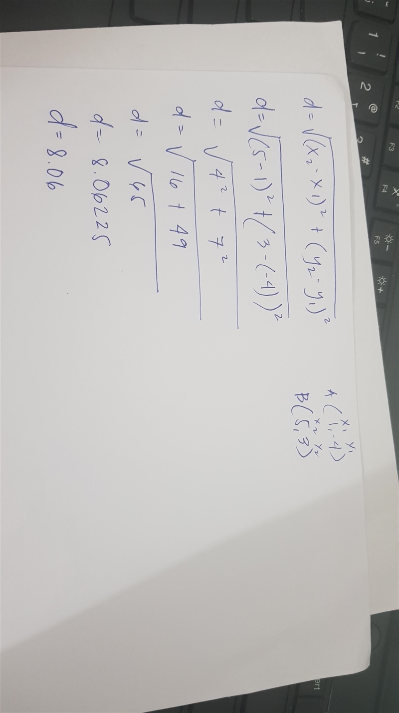 Find the distance to the nearest hundredth between the points A(1, –4) and 11. B(5, 3).-example-1