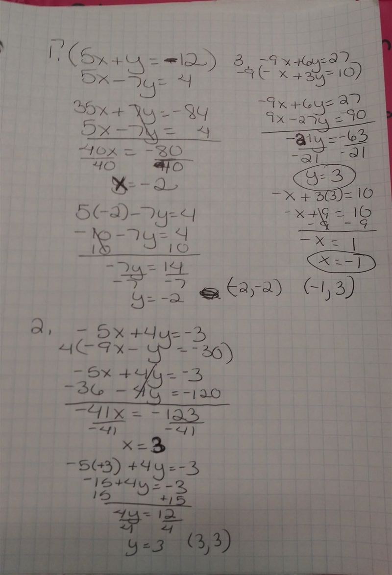 Just 3 math problem show step by step 1 5x+y=-12 5x-7y=4 2. -5x+4y=-3 -9x-y=-30 3. -9x-example-1