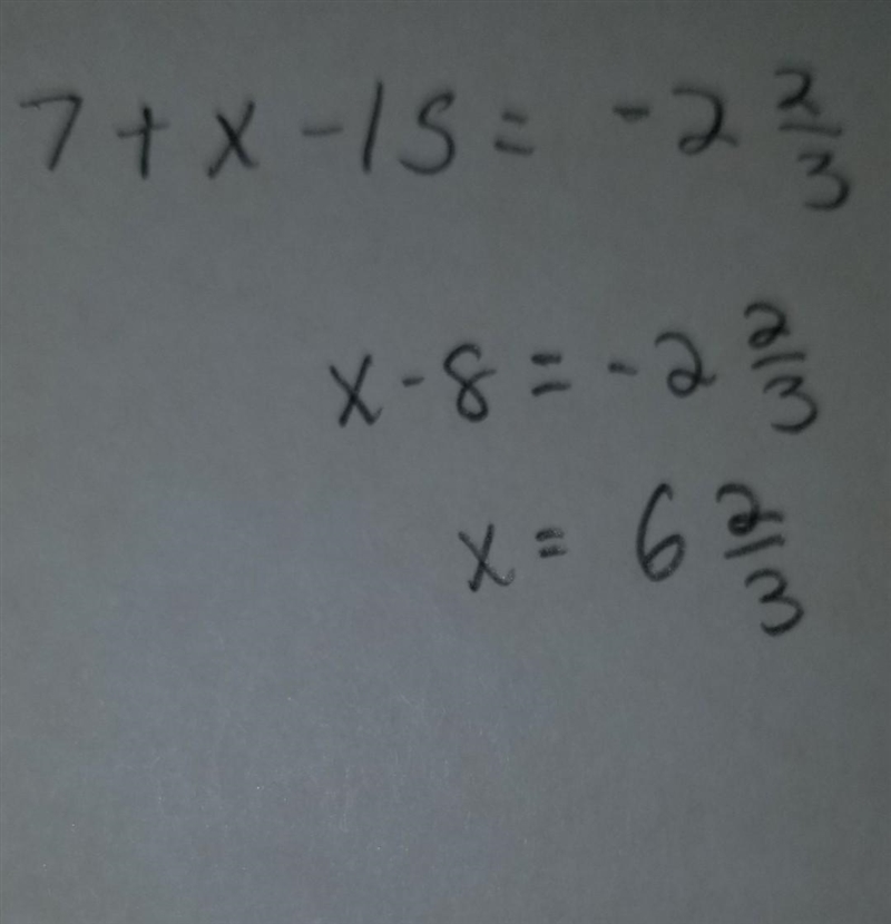 Solve 7+x-15=-2 2/3 5 1/3 6 1/3 10 2/3 answered got it wrong 20 2/3-example-1