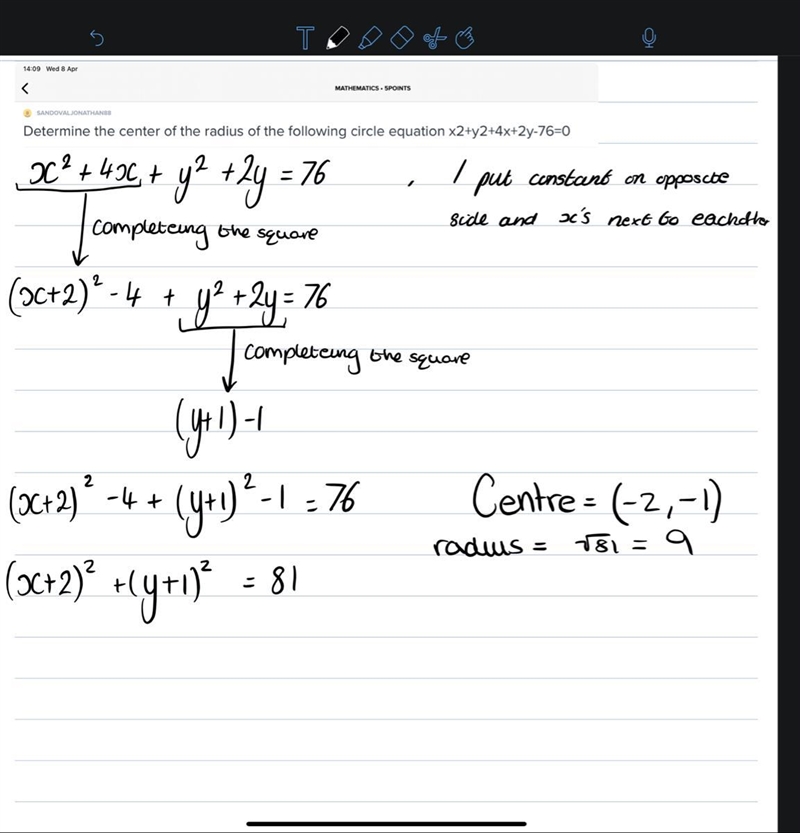 Determine the center of the radius of the following circle equation x2+y2+4x+2y-76=0-example-1