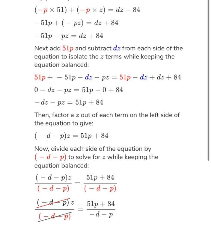 -p(51+z) = dz+84 Solve for z-example-1