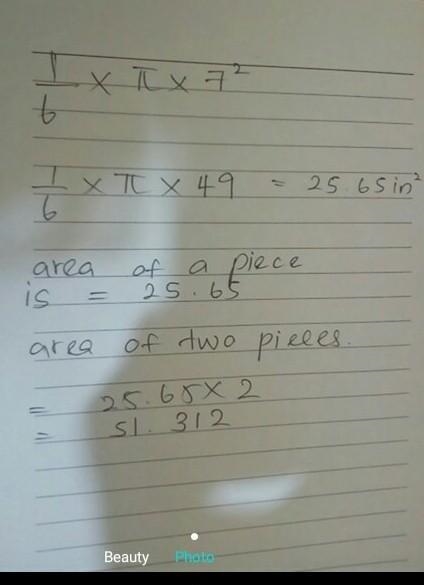 An large pizza has a diameter of 14 inches and is cut into 6 equal pieces . Find the-example-1