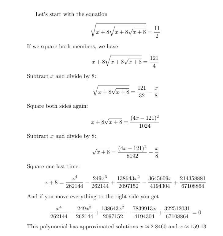 Find the value of x given that \sqrt{x + 8 \sqrt{x + 8 √( x + 8 ) } } = 2 (7)/(2) b-example-1