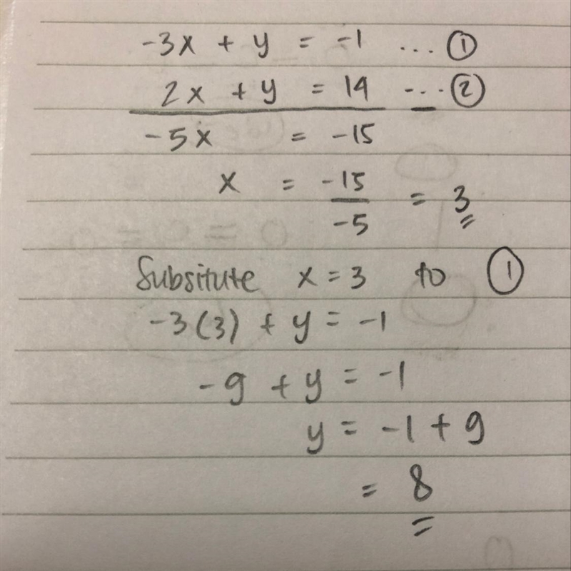 What is the solution to the system of equations? -3x + y = -1 2x + y = 14 a (3, 8) b-example-1