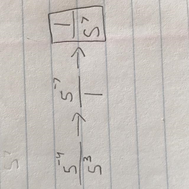 Simplify 5 to the negative 4th power over 5 to the 3rd. Group of answer choices 57 5−1 1 over-example-1