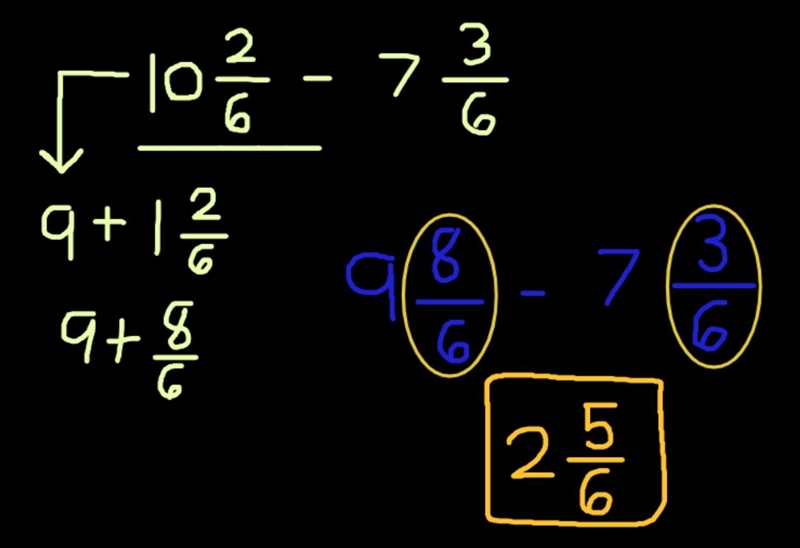 10 whole and 2 over 6 minus 7 whole and 3 over 6-example-1