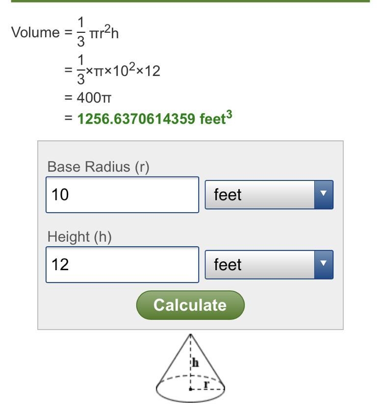 What is the approximate volume of a cone if the radius is 10 in the heights at 12-example-1