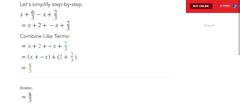 What is the simplified form of x + 6 / 3 - x + 2 / 3​-example-1