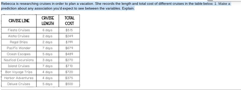 rebecca is researching cruises in order to plan a vacation.she records the length-example-1