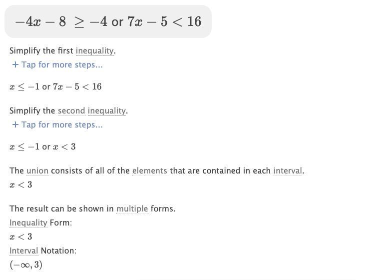 Solve the inequality-4x-8 ≥-4 or 7x-5<16-example-1