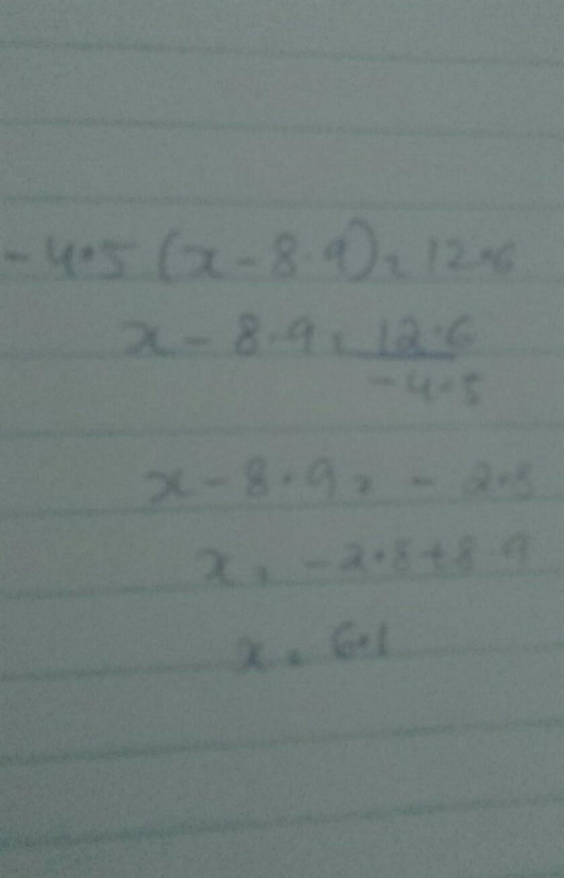 Solve for x. –4.5(x – 8.9) = 12.6 OVEC Enter your answer, as a decimal, in the box-example-1