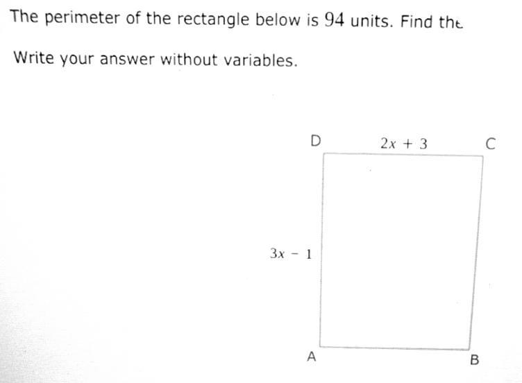 The perimeter of the rectangle below is 94 units. Find the value of x.-example-1