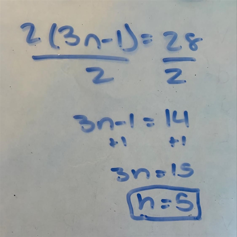 2(3n – 1) = 28 what is n equal to? (PLEASE HELP)-example-1