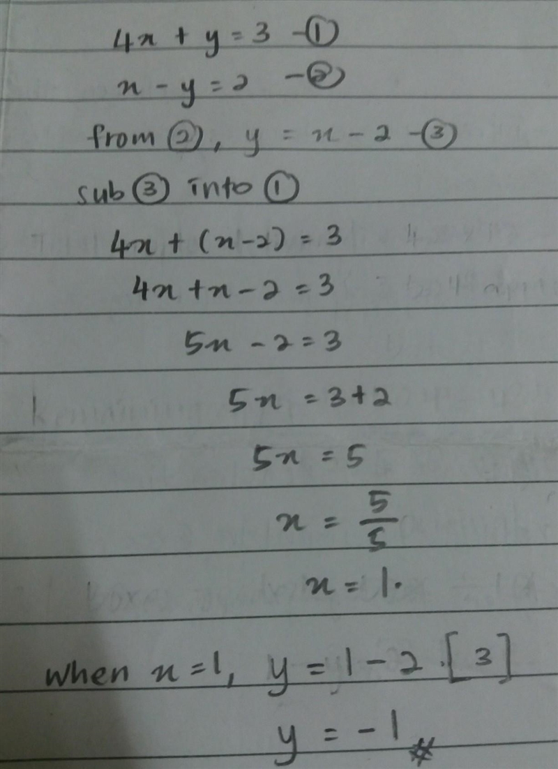 4x + y = 3 x - y = 2 What is the value of y for the system above? A. 5 B. 1 C. 1 D-example-1