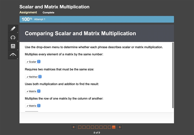 Use the drop-down menu to determine whether each phrase describes scalar or matrix-example-1