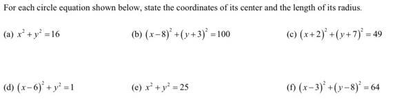 For each circle equation shown below, state the coordinates of its center and the-example-1