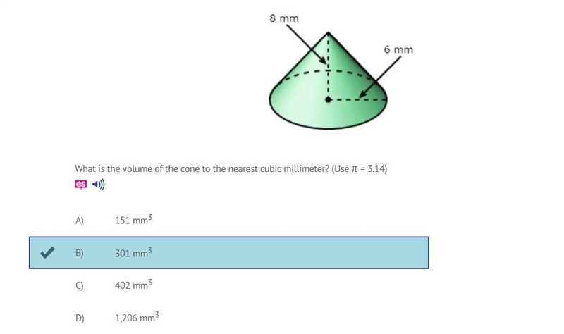 What is the volume of the cone to the nearest cubic millimeter? (Use ​π = 3.14)-example-1