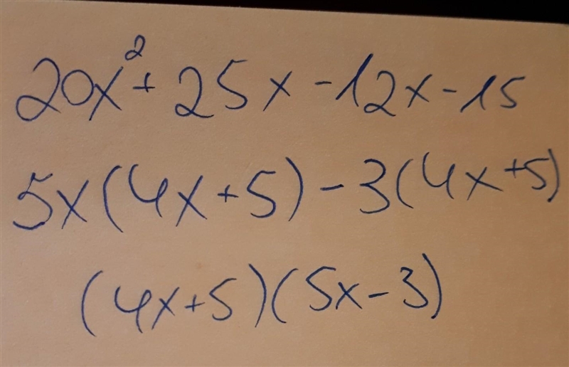 Factor 20x2 + 25x – 12x – 15 by grouping-example-1