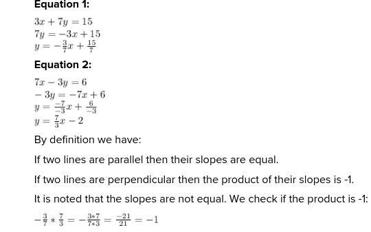 7. Are the two lines parallel, perpendicular, or neither? Explain your answer. Show-example-1