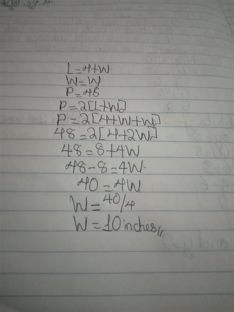 The length of a rectangle is 4 inches longer than the width. The perimeter is 48 inches-example-1